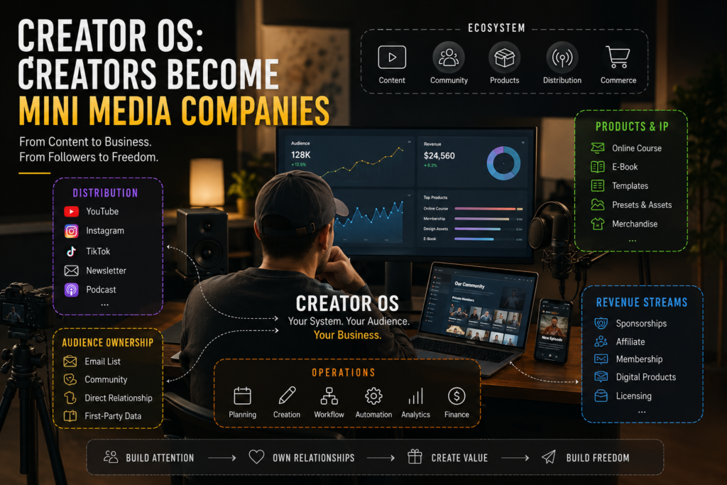 A sophisticated Creator OS setup helping a modern digital creator manage their independent mini media company.